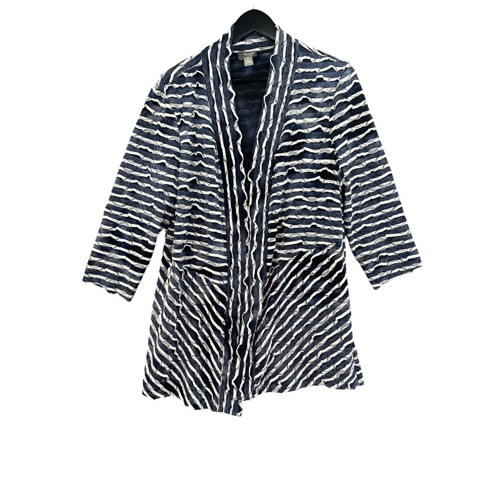 Chico's Travelers Collection Cardigan Womens 2 Navy Blue Textured Striped